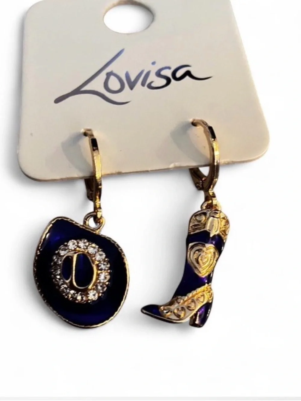Western vibes,Lovisa Gold-Tone Navy Western Hat & Boot Drop Earrings